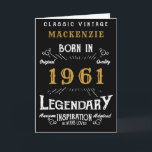 60th Birthday Sixty Sixtieth Born 1961 Legendary Karte<br><div class="desc">Say Happy 60th Birthday for those born in 1961 Add your name birthday greeting card. Edit the name and year plus the message inside with the template provided. Wonderful custom black birthday card with white and gold vintage style typography. This card is also available in a giant size format for...</div>