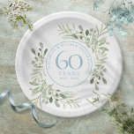 60th Diamond Wedding Jubiläumsgrün Pappteller<br><div class="desc">Dieses elegante botanische Hochzeitsszenario aus 60 Jahren mit zarter Aquarelllandschaft personalisiert sich mit Ihren besonderen Informationen zum sechzigjährigen Jubiläum in elegantem Rautenblau. Entwickelt von Thisisnotme©</div>