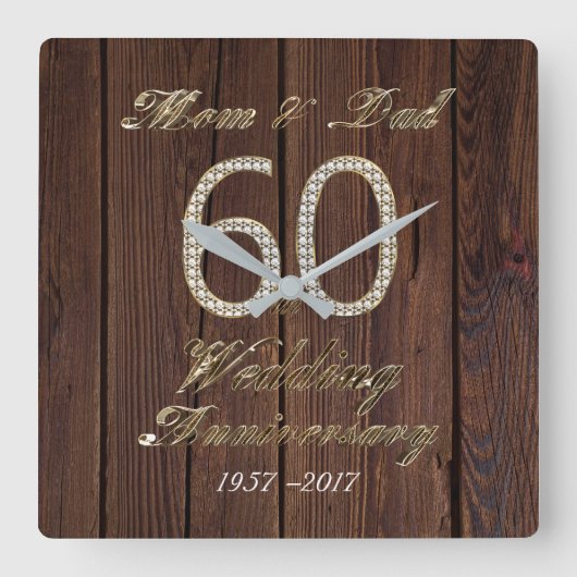 60th Wedding Anniversary Diamond Wedding Eltern Quadratische Wanduhr (Vorderseite)