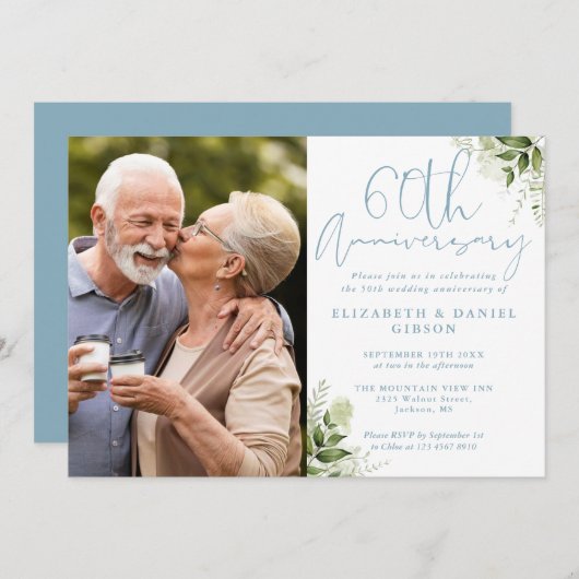 60th Wedding Anniversary Greenery Floral Photo Einladung (Vorne/Hinten)