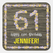 61. Geburtstag: Blumennummer, Imitate Holzbild, Na Quadratischer Aufkleber (Vorderseite)