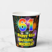 61. Geburtstag: Fun Fireworks Pattern + Regenbogen Pappbecher (Rückseite)