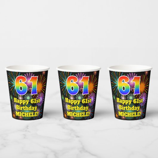 61. Geburtstag: Fun Fireworks Pattern + Regenbogen Pappbecher (Multi)