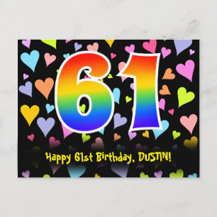 61. Geburtstag: Fun Hearts Pattern, Regenbogen 61 Postkarte