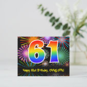 61. Geburtstag – Lustiges Feuerwerk Muster + Regen Postkarte (Stehend Vorderseite)