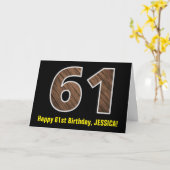 61. Geburtstag: Name + Imitate Holzkörnchen Muster Karte (Gelbe Blume)