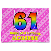 61. Geburtstag: Rosa Streifen & Herz, Regenbogen # Große Geschenktüte (Vorderseite)