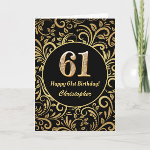 61. Geburtstag Schwarz und Gold Floral Muster Karte