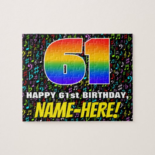 61. Geburtstag — Spaß, bunte Musiksymbole & "61" Puzzle (Horizontal)