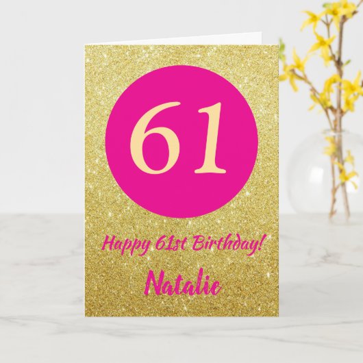 61. Happy Birthday Hot Pink und Gold Glitzer Karte (Gelbe Blume)