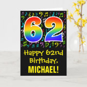 62. Geburtstag: Farbige Musiksymbole + Regenbogen Karte (Gelbe Blume)