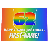 62. Geburtstag: Farbiges, lustiges Regenbogenmuste Große Geschenktüte (Vorderseite)