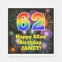 62. Geburtstag: Fun Fireworks Pattern + Rainbow 62 Serviette