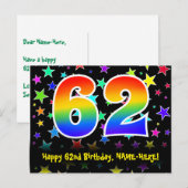 62. Geburtstag: Fun Stars Muster, Regenbogen 62, N Postkarte (Vorne/Hinten)