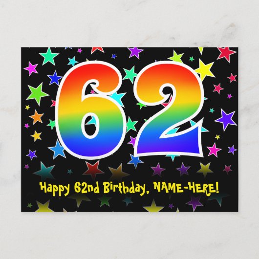 62. Geburtstag: Fun Stars Muster, Regenbogen 62, N Postkarte (Vorderseite)
