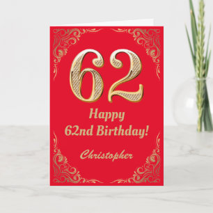 62. Geburtstag Rot und Gold Glitzer Rahmen Karte