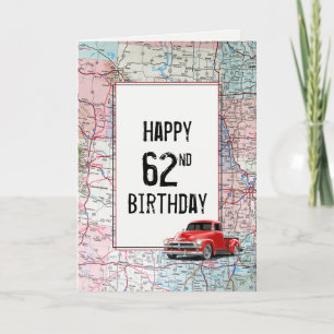 62. Geburtstag roter Retro-LKW auf Karte