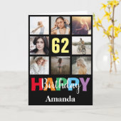 62. Happy Birthday Foto Collage Modern Black Karte (Gelbe Blume)