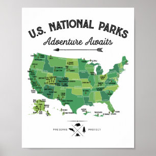 62 Nationalparks Karte US Park Vintage Camping Wan Poster