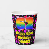 62nd Birthday: Loving Hearts Pattern, Rainbow 62 Pappbecher (Rückseite)