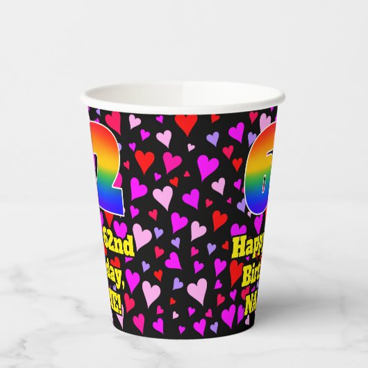 62nd Birthday: Loving Hearts Pattern, Rainbow 62 Pappbecher (Links)