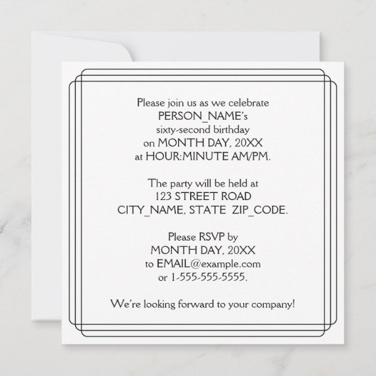 62nd Birthday Party: Art Deco Style w/ Custom Name Einladung (Rückseite)