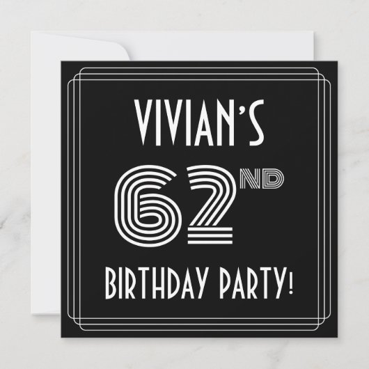 62nd Birthday Party: Art Deco Style w/ Custom Name Einladung (Vorderseite)