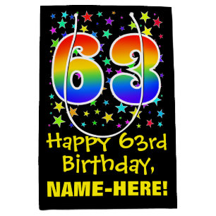 63. Geburtstag: Farbige Sternenmuster & Regenbogen Mittlere Geschenktüte
