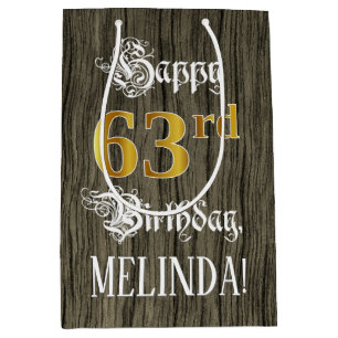 63. Geburtstag: Imitate Gold Look & Imitate Holzmu Mittlere Geschenktüte