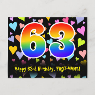 63. Geburtstag: Lustiges Herzen-Muster, Regenbogen Postkarte