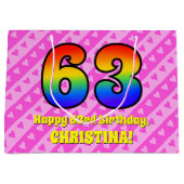 63. Geburtstag: Rosa Streifen & Herz, Regenbogen # Große Geschenktüte (Vorderseite)