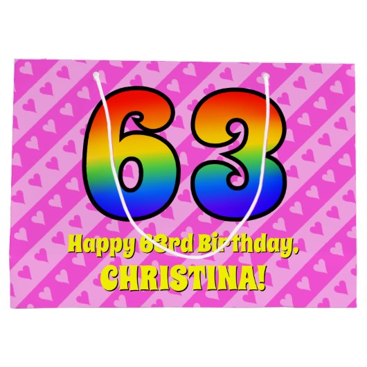 63. Geburtstag: Rosa Streifen & Herz, Regenbogen # Große Geschenktüte (Rückseite)