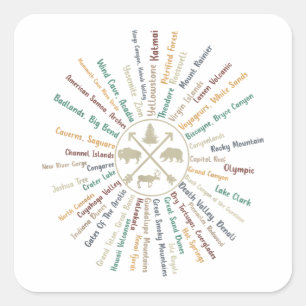 63 National Parks Map zeigt US Park Vintag Campin Quadratischer Aufkleber