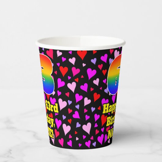 63rd Birthday: Loving Hearts Pattern, Rainbow 63 Pappbecher (Links)
