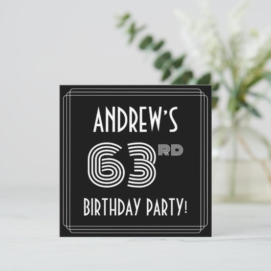 63rd Birthday Party: Art Deco Style w/ Custom Name Einladung (Stehend Vorderseite)