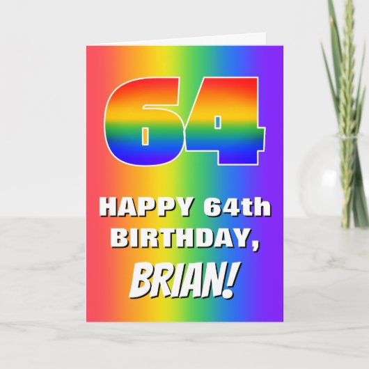 64. Geburtstag: Farbiges, lustiges Regenbogenmuste Karte (Vorderseite)