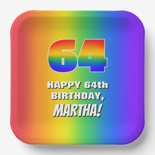 64. Geburtstag: Farbiges, lustiges Regenbogenmuste Pappteller (Vorderseite)