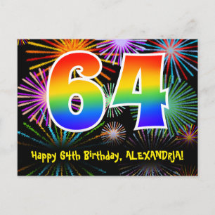 64. Geburtstag - Fun Fireworks Pattern + Regenboge Postkarte