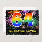 64. Geburtstag - Fun Fireworks Pattern + Regenboge Postkarte (Vorne/Hinten)