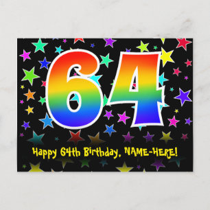 64. Geburtstag: Lustiges Sterne-Muster, Regenbogen Postkarte