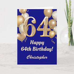 64. Geburtstag Navy Blue und Gold Balloons Confett Karte