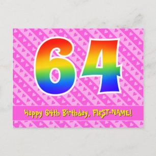 64. Geburtstag: Rosa Streifen & Herzen, Regenbogen Postkarte