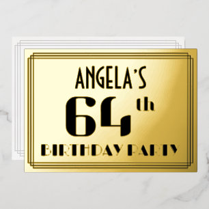 64. Geburtstagsfeier: Art Deco-Look „64“ und Name Folieneinladung