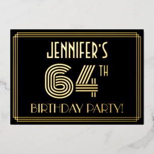 64. Geburtstagsparty — Art Deco Stil "64" + Name Folieneinladung