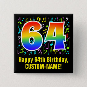 64th Birthday: Colorful Music Symbols, Rainbow 64 Button