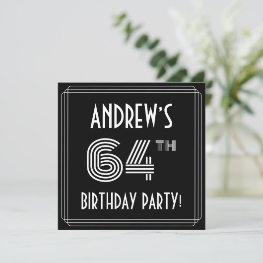 64th Birthday Party: Art Deco Style w/ Custom Name Einladung (Stehend Vorderseite)