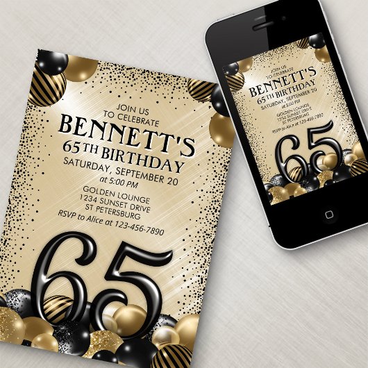 65. Balloons Black Gold Geburtstag Einladung