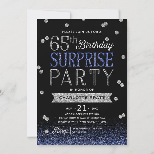 65. Blue Silver Glitzer Confetti Überraschung Part Einladung (Vorderseite)