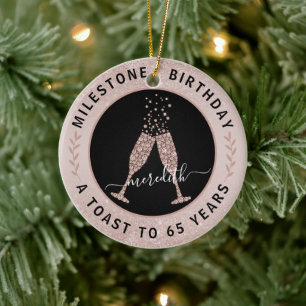 65. Geburtstag Blush Glitzer Champagne Toast Name Keramik Ornament