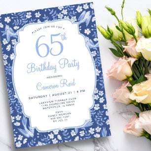 65. Geburtstag Elegant Weiblich Blumen Blau Vogel Einladung